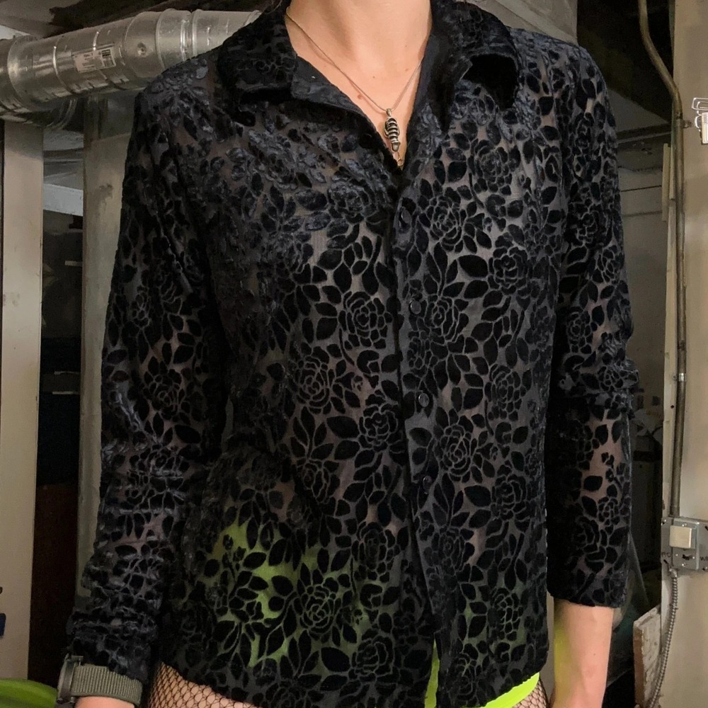 Vintage 90s Self Esteem Velvet Burnout Mesh Long Sleeve Button Up Floral Sheer S